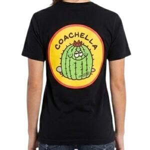 Coachella Festival Yellow Green Cactus Black Tee T-Shirt Size S Double Sided